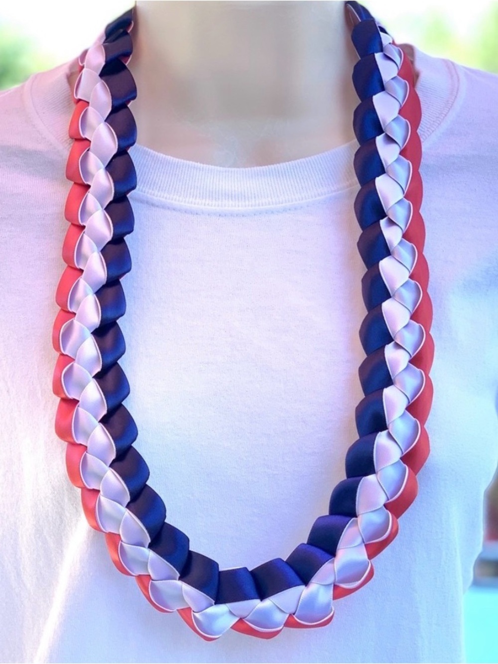 Patriotic Red White and Blue Handmade Satin Ribbon Lei